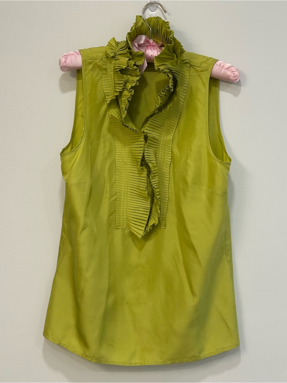 Collared Pleated High Neck Chartreuse Lime Green Silk Sleeveless Y2K Camisole M